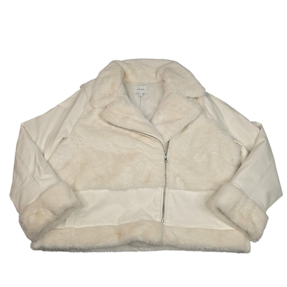 Nine West Jacket Womens XL White Faux Shearling Moto Zip Faux Leather Biker